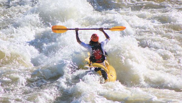 A person in a yellow kayak raising a paddle above their head as a large wave crashes into the front of the kayak.