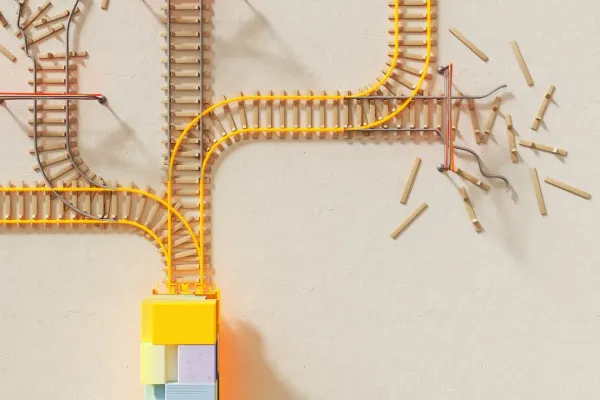 A train approaching a complicated rail crossing. Some rails end  shortly after, some continue.