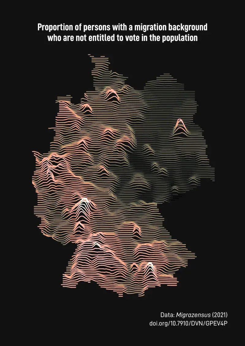 Ridgeline Plot of Germany. Lines are in a red-orange color. Background is black. more description in text.