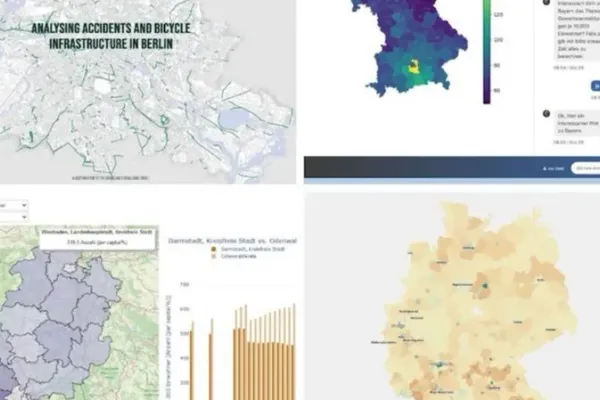 A collage of four screenshots from different outputs of the CorrelAidX Challenge. All are maps of different regions or whole Germany. More description of the outputs in the text.