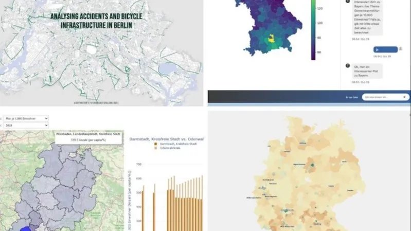 A collage of four screenshots from different outputs of the CorrelAidX Challenge. All are maps of different regions or whole Germany. More description of the outputs in the text.
