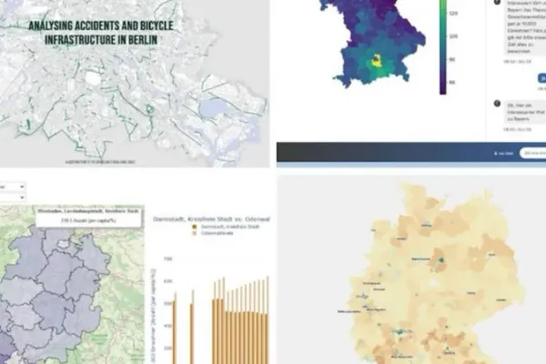 A collage of four screenshots from different outputs of the CorrelAidX Challenge. All are maps of different regions or whole Germany. More description of the outputs in the text.