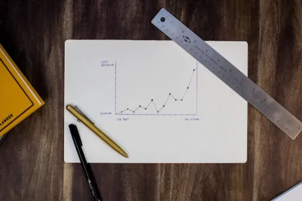 Bild von einem dunklen Holztisch, auf dem ein kariertes Blatt Papier liegt. Auf diesem Papier ist ein handgemalter Graph abgebildet. Auf dem Papier liegen außerdem ein Lineal und zwei Kugelschreiber.