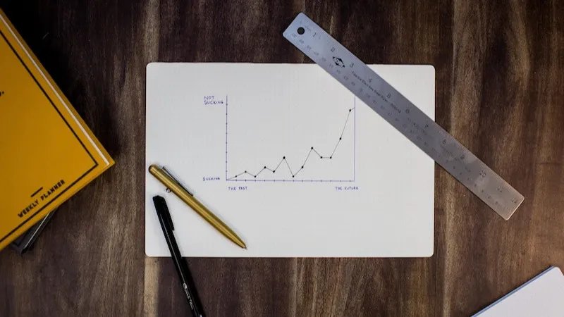 Bild von einem dunklen Holztisch, auf dem ein kariertes Blatt Papier liegt. Auf diesem Papier ist ein handgemalter Graph abgebildet. Auf dem Papier liegen außerdem ein Lineal und zwei Kugelschreiber.