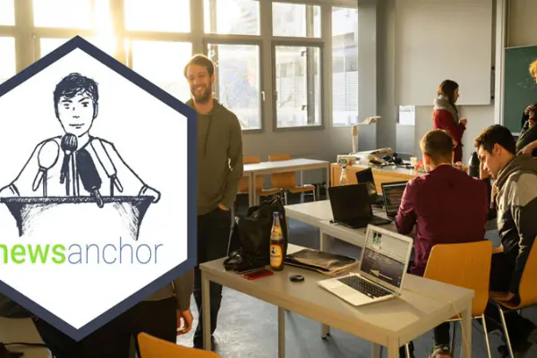 Several people sit in a class room and work on their laptops. As an overlay, the hexagonal sticker of the {newsanchor} package for R is shown.