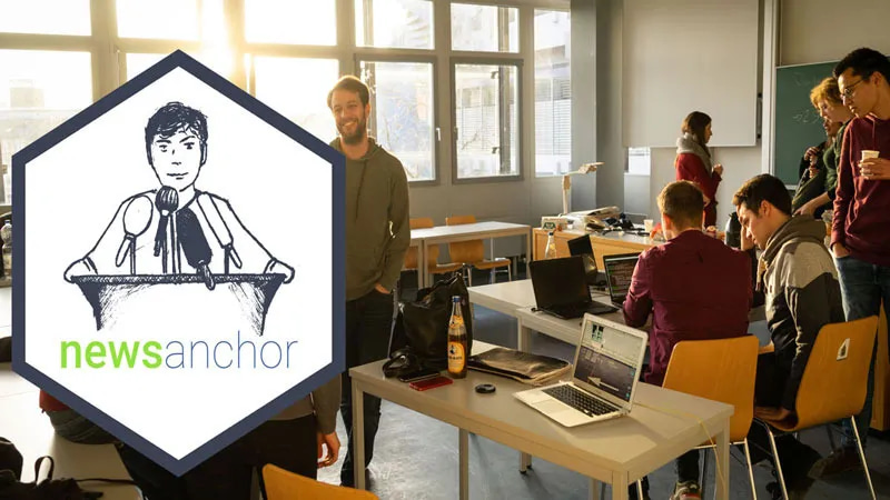 Several people sit in a class room and work on their laptops. As an overlay, the hexagonal sticker of the {newsanchor} package for R is shown.